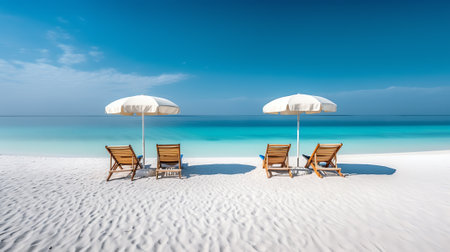 Empty sandy beach with sun beds and umbrellas in tropical resort before the start of the touristic sの素材