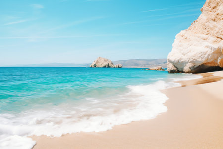 wild beach of the island of Lefkada in Greece with water crashing on the rocksの素材