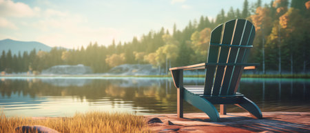 Row of empty wooden beach chairs on a summer day, outdoor photo. Brown sun loungers on shore of lakeの素材