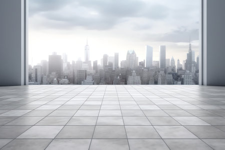 Perspective view of empty cement floor with steel and glass modern building exterior. Morning scene.の素材