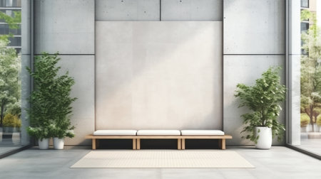 Gray concrete bench on empty outdoor terrace near garden in modern city park. Plaza 3d rendering witの素材
