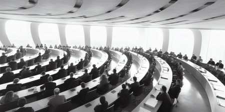 Conference concept: Black and white blurred big auditorium background.の素材