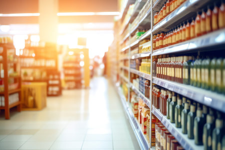 Blurred image of empty aisle with various kinds of product on shelves sale in minimarket or Bokeh imの素材