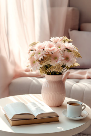 Cup of coffee and books on retro wooden bedside table. Rustic white ceramic vase with bouquet of pinの素材