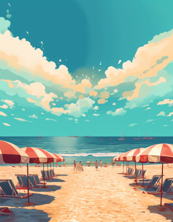 Beach in Rimini. Italy. Sun umbrellas on blue sky background on seashore. Summer background.の素材