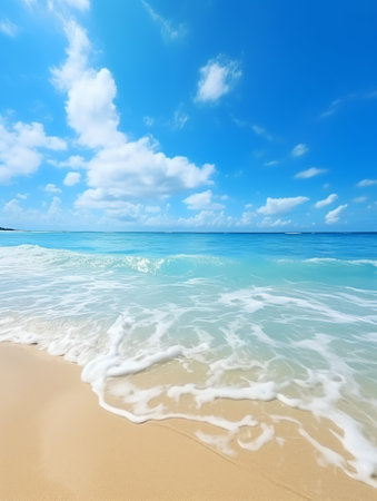 Beautiful tropical empty beach sea ocean with white cloud on blue sky background for leisure travelの素材