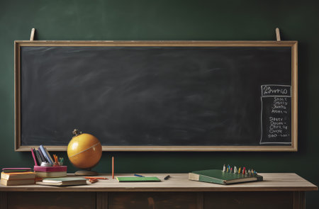 Empty School classroom with desks chair wood, and green board in high school Thailand, vintage toneの素材