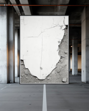 White wrinkled poster template in city. Blank wheatpaste on textured wall. Empty street art stickerの素材