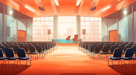 Vector cartoon illustration of modern conference hall, room for meetings and business trainings, intの素材