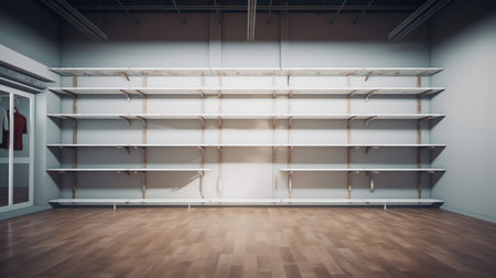 Store interior with empty supermarket shelves and blank advertising hanger banners. 3d renderの素材