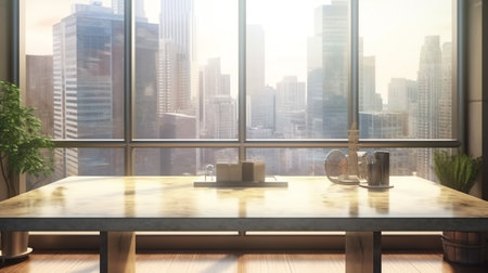 An interior of a boardroom table surounded by leather chairs in a city office in the daylight - 3D rの素材