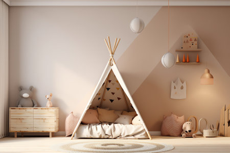 Children bedroom design mock up with unisex natural wooden furniture, panorama, 3d render, 3d illustの素材