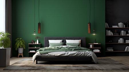 Dark green bedroom interior background, 3d renderの素材