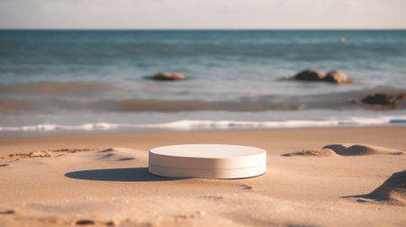 Empty round beige platform podium with sea shells and starfish on white beach sand background. Minimの素材