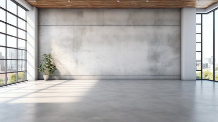Spacious empty industrial style office interior with white walls, concrete floor, columns and windowの素材