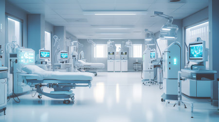 Modern emergency room interior with row of empty hospital beds and various first aid medical equipmeの素材