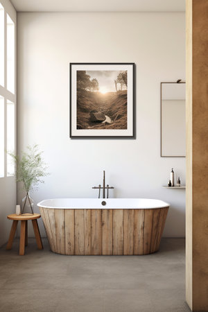 Empty frames hanging on wall over toilet in contemporary bathroom at homeの素材