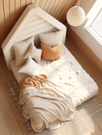 White wooden baby crib with pillows shaped clouds in baby's room. Top view of child's bedの素材