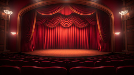 Rows of red cinema or theater seats in front of show stage with retro microphoneの素材