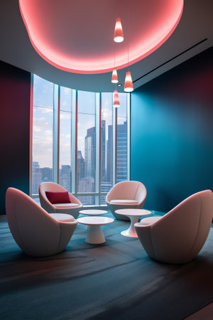 Interior photography of a corporate fit out reception waiting area with grey arm chairs, coffee tablの素材