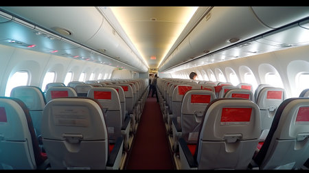 View on an aisle between rows of passanger seats on internacional aircraft's board.の素材