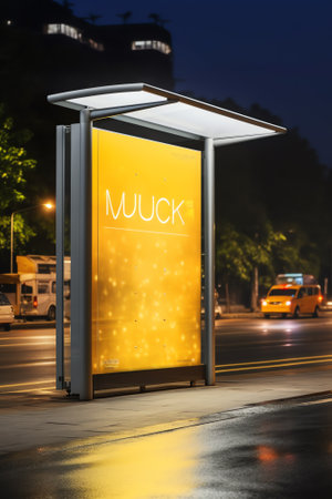 Blank white mock up of vertical light box in a bus stop at nightの素材