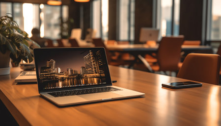 Laptop screen, Laptop Computer, notebook copy space, and eyeglasses sitting on a desk in a large opeの素材