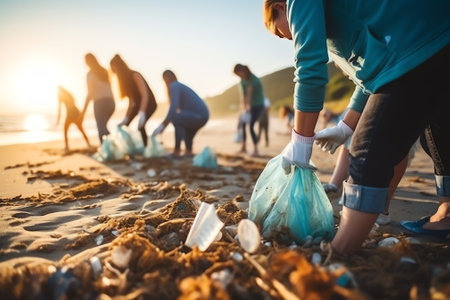 Hand Woman picking up empty of plastic bottle cleaning on the beach , volunteer concept. Environmentの素材