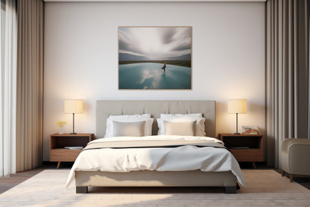 white bedding and pillow in hotel room, pillows on the bed with picture frame on wall.の素材