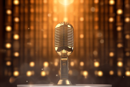 Microphone on the speech podium over the Abstract blurred photo of conference hall or seminar room bの素材