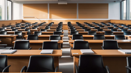 Background image of empty black plastic chairs in rows standing in auditorium for seminar and trainiの素材