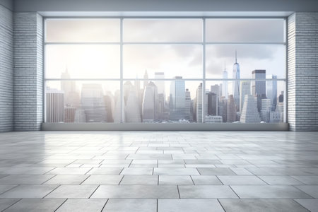 Panoramic view of empty concrete tiles floor with city skyline. Sunrise scene. 3d renderingの素材