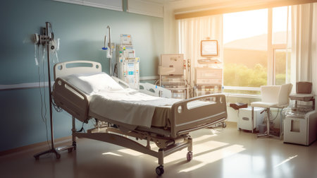 Two empty bed in a hospital room with medical equipment. 3d illustrationの素材