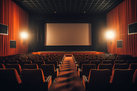 Empty cinema auditorium with empty white screen. Empty rows of theater or movie seatsの素材