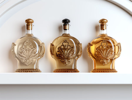 Glass jars on shelves against white wall with copy space in simple bedroom with gold painting aboveの素材