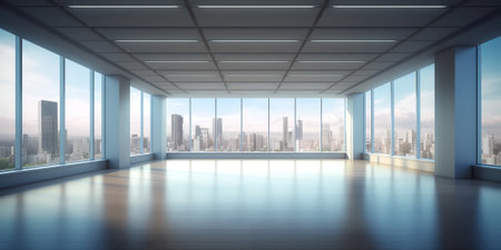 Empty loft unfurnished contemporary interior office with city skyline and buildings city from glassの素材