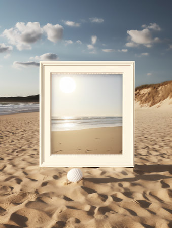 Empty picture frame on the sand beach or desert, Summer tropical background concept. minimal, 3d renの素材