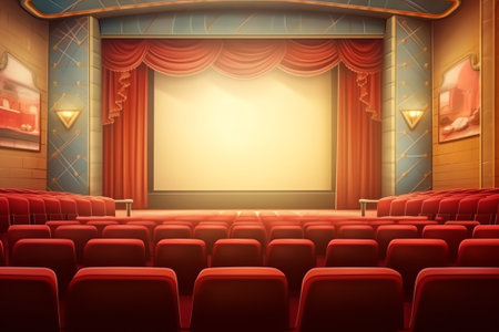 Screen in movie theater with blue curtains and seats background. Empty cinema auditorium vector illuの素材