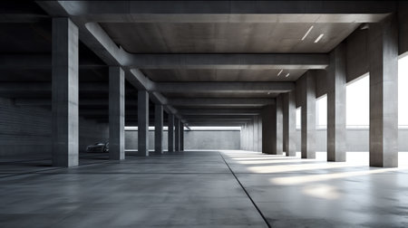 3d render of concrete architecture with car park, empty cement floor.の素材