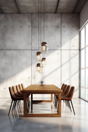 Modern meeting room interior with furniture, concrete wall and lamps. 3D Renderingの素材