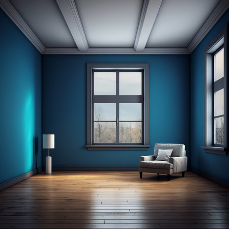 Meeting room with cadet blue wall color, drop ceiling, wood floor, and big window, 3D Renderingの素材