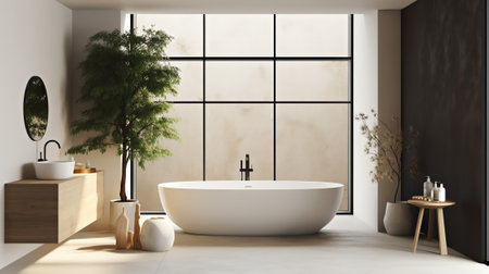 Modern bathroom with old beige walls, concrete floor and comfortable basin with black faucet, squareの素材