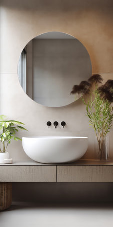Modern bathroom with old beige walls, concrete floor and comfortable basin with black faucet, squareの素材