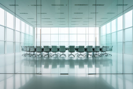 Meeting room in a modern office, with blurred glass partitions and movable chairsの素材