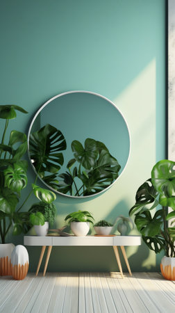 3D render polished cement wash basin in stand alone vanity counter with round mirror in sage green bの素材