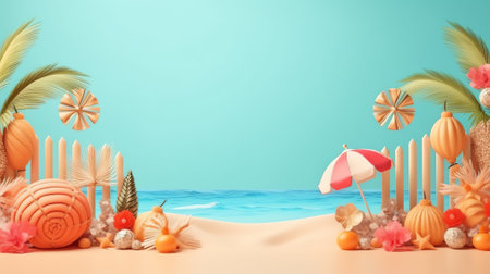 Summer podium display, pile of sand, flowers, coconut tree, beach umbrella, beach chair, poster flyeの素材