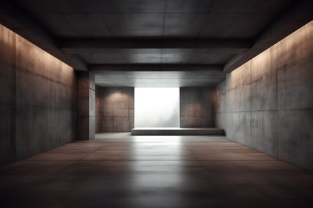Perspective view of empty concrete floor with cement structure and wooden wall building exterior. 3dの素材