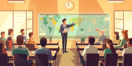 Interior of modern classroom of school, college or university. Empty room with whiteboard and chartsの素材