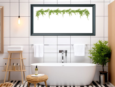 Poster, wall mockup in white cozy bathroom interior background, 3d renderの素材