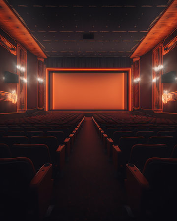 Cinema movie theater concept background. Red cinema seats and coffee or cola paper cup in empty theaの素材